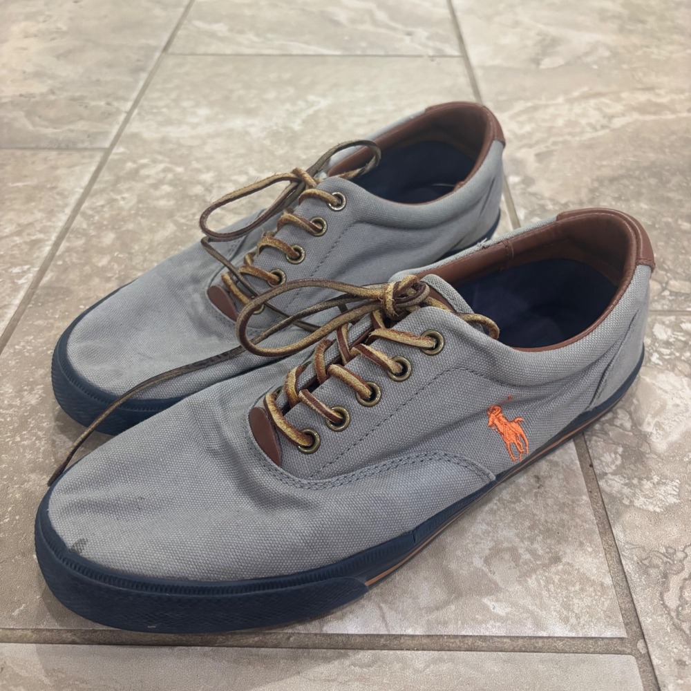 Polo Ralph Lauren Vaughn Mens 10.5D Grey Canvas Leather Trim Sneaker Orange Pony